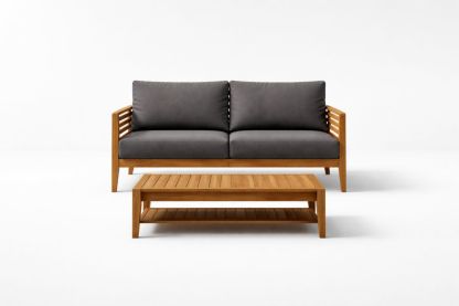 Outdoor Sofa and Coffee Table Set with Teak Frame and Gray Polyester Cushions