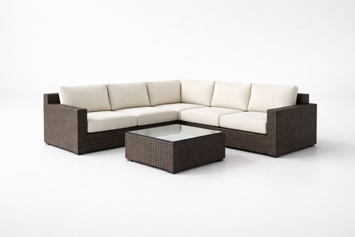 Outdoor Sectional Sofa Set with Woven Rattan Brown Beige Cushions and Coffee Table