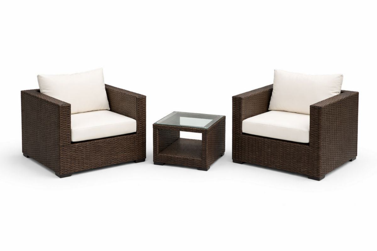 Outdoor Rattan Armchair and Glass Coffee Table Set with Cushions Brown
