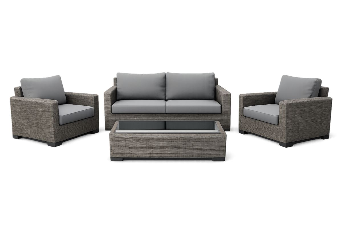 Outdoor Patio Furniture Set Wicker Rattan Sofa Grey Cushions with Glass Table