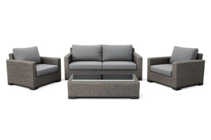 Outdoor Patio Furniture Set Wicker Rattan Sofa Grey Cushions with Glass Table