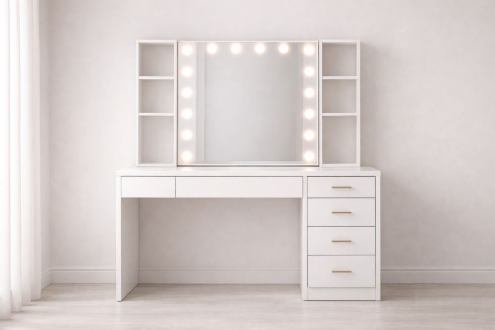 White MDF Vanity Table Set with Mirror LED Lights and Storage Drawers