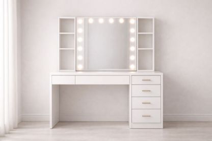 White MDF Vanity Table Set with Mirror LED Lights and Storage Drawers