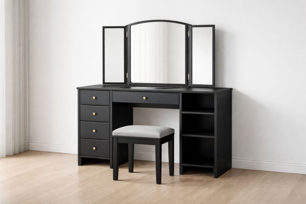 Black Wooden Vanity Set with Tri-Fold Mirror and Cushioned Stool