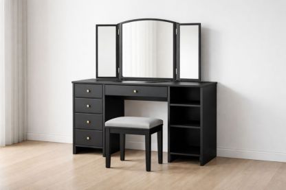 Black Wooden Vanity Set with Tri-Fold Mirror and Cushioned Stool