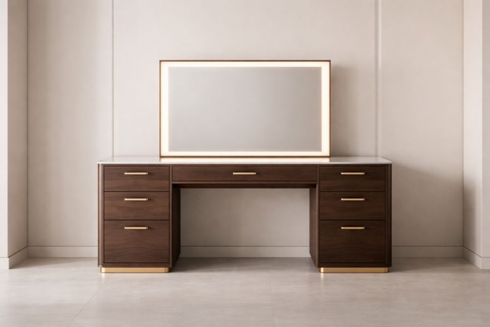 Wood Vanity Desk with Drawers and Illuminated Mirror in Dark Brown