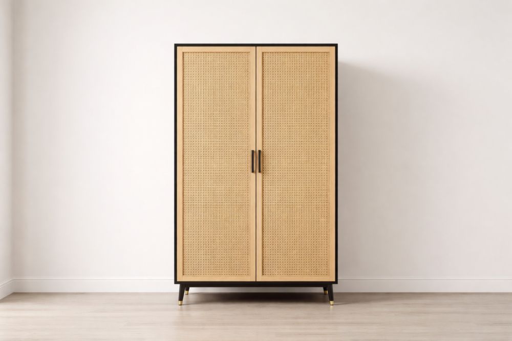 Wooden Wardrobe with Cane Doors and Black Frame