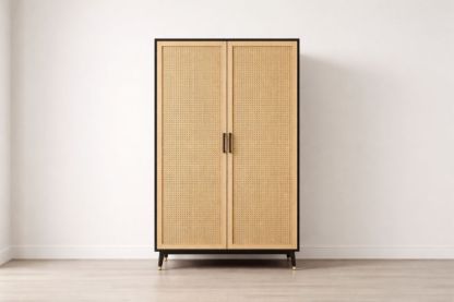 Wooden Wardrobe with Cane Doors and Black Frame