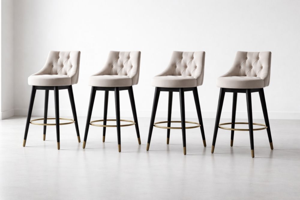 Set of 4 Beige Swivel Bar Stools with Tufted Back and Black Legs