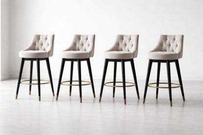 Set of 4 Beige Swivel Bar Stools with Tufted Back and Black Legs