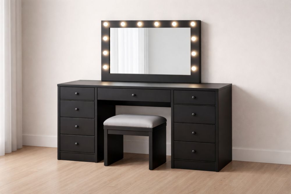 Black Wooden Vanity Set with Mirror and Lights