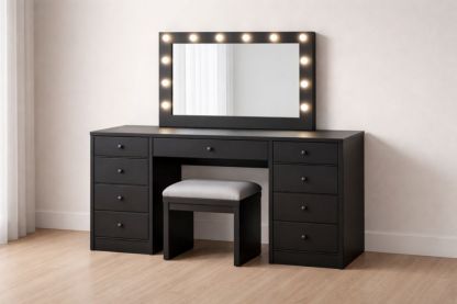 Black Wooden Vanity Set with Mirror and Lights
