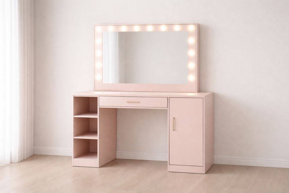 Pink MDF Makeup Vanity Table with Lighted Mirror and Cabinets 145x40x150cm