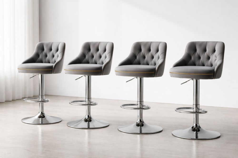 Set of 4 Gray Velvet Adjustable Swivel Bar Stools with Chrome Base
