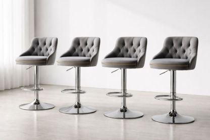 Set of 4 Gray Velvet Adjustable Swivel Bar Stools with Chrome Base