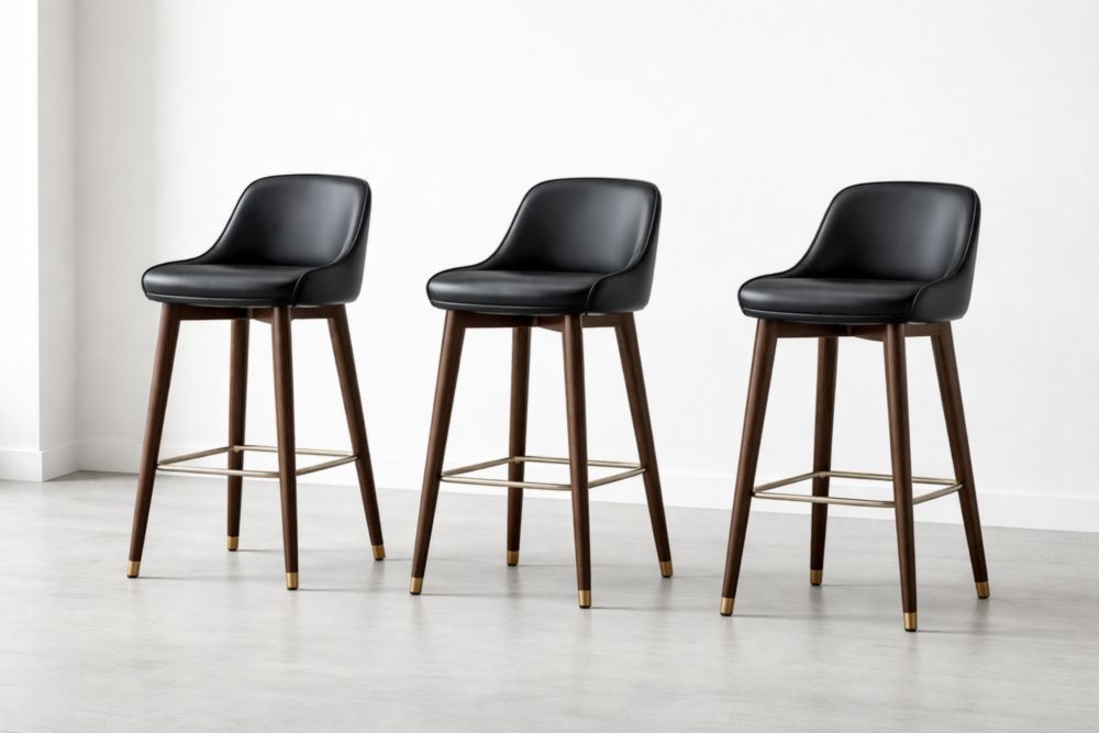 3-Piece Set of Black Faux Leather Upholstered Bar Stools with Walnut Wood Legs