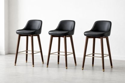3-Piece Set of Black Faux Leather Upholstered Bar Stools with Walnut Wood Legs