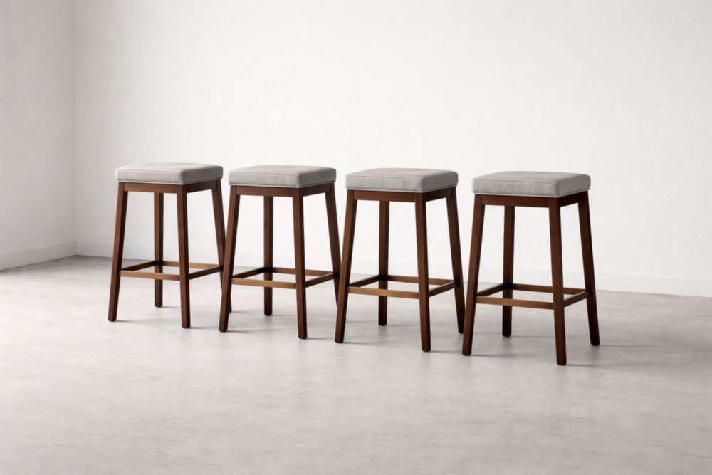 Set of 4 Wooden Bar Stools with Gray Fabric Seat