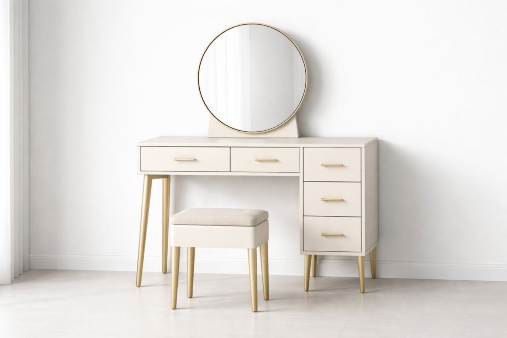 Beige Vanity Table Set with Round Mirror and Cushioned Stool