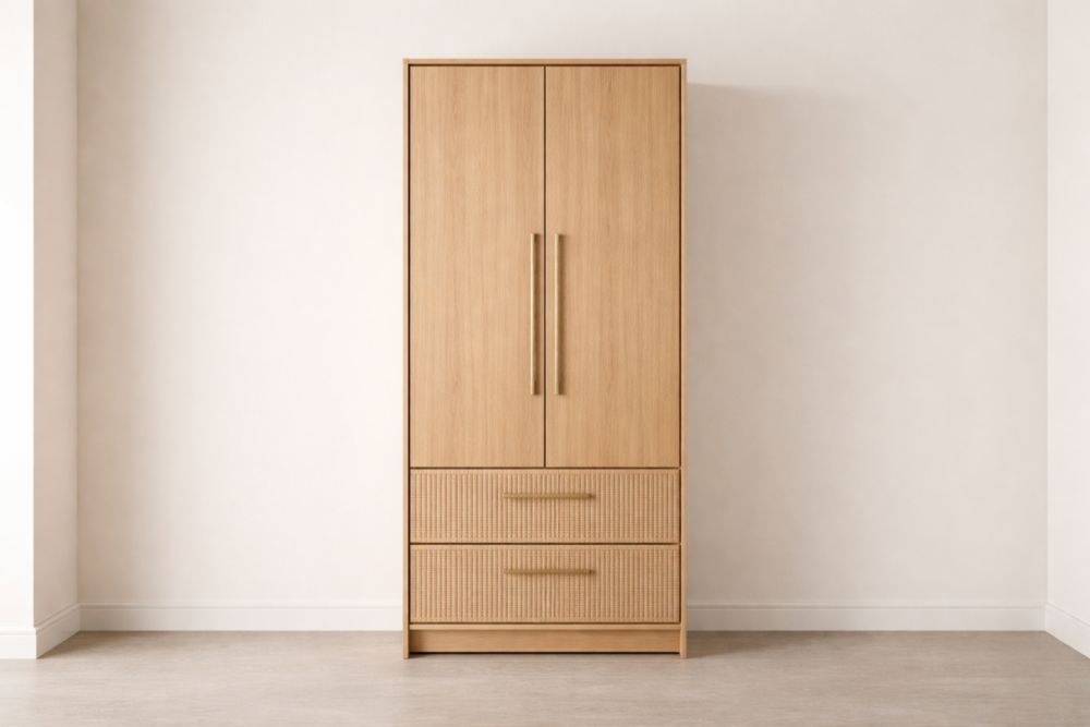 Oak Wood Wardrobe with Doors and Drawers Natural Finish