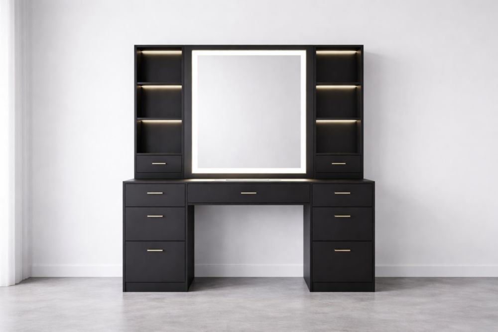 Black MDF Vanity Table Set with Glass Mirror and Shelves