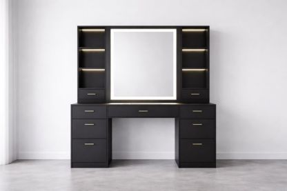 Black MDF Vanity Table Set with Glass Mirror and Shelves