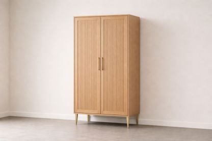 Wooden Wardrobe Double Door Tall Cabinet with Metal Legs Oak Brown