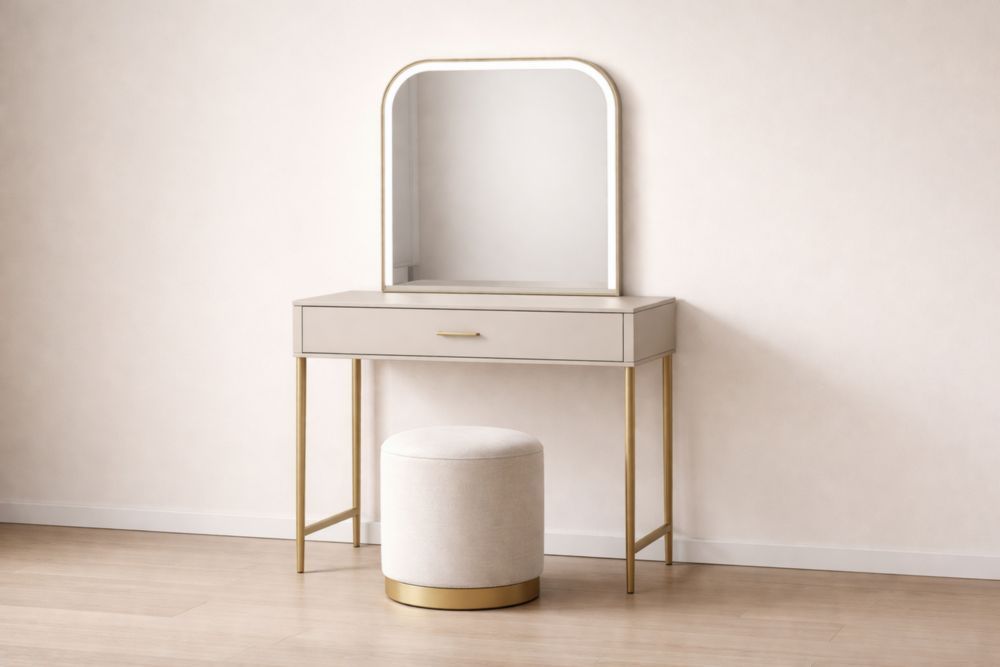 Vanity Set with Mirror and Stool Beige Metal Frame