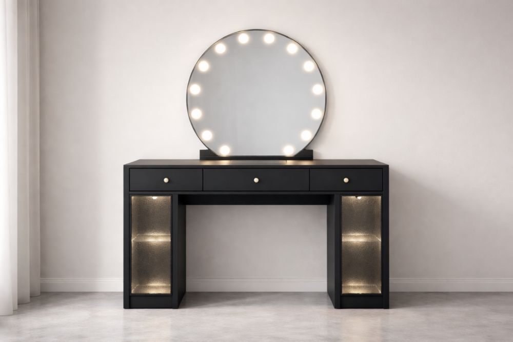 Black Wood Vanity Table with LED Light Mirror