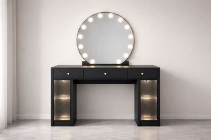 Black Wood Vanity Table with LED Light Mirror