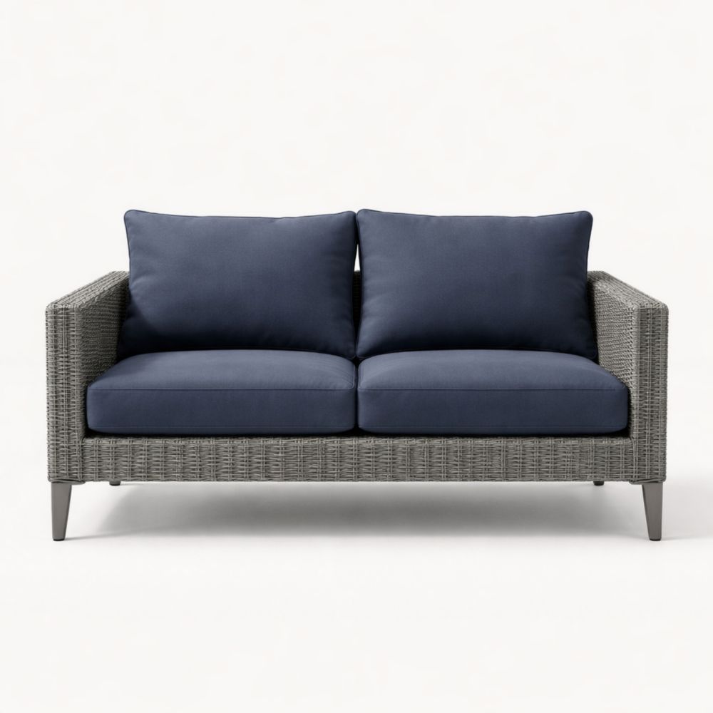 Wicker Loveseat with Navy Polyester Cushions 140 cm