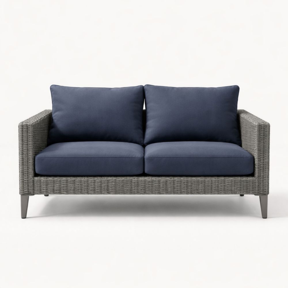 Wicker Loveseat with Navy Polyester Cushions 140 cm