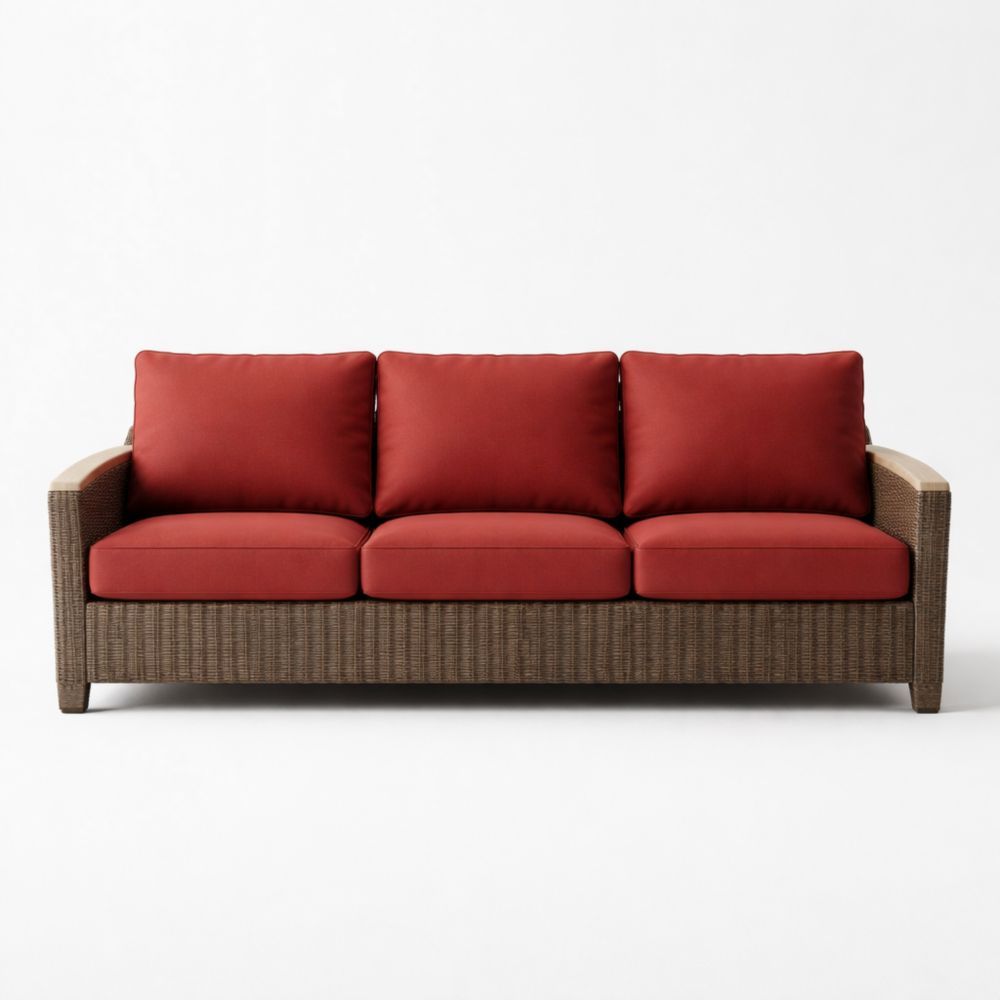 Outdoor Sofa with Wicker Frame and Red Cushions, 3-Seater