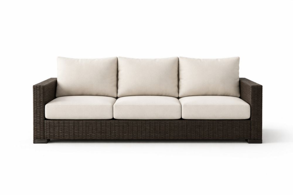 Wicker 3-Seater Sofa with Beige Cushions