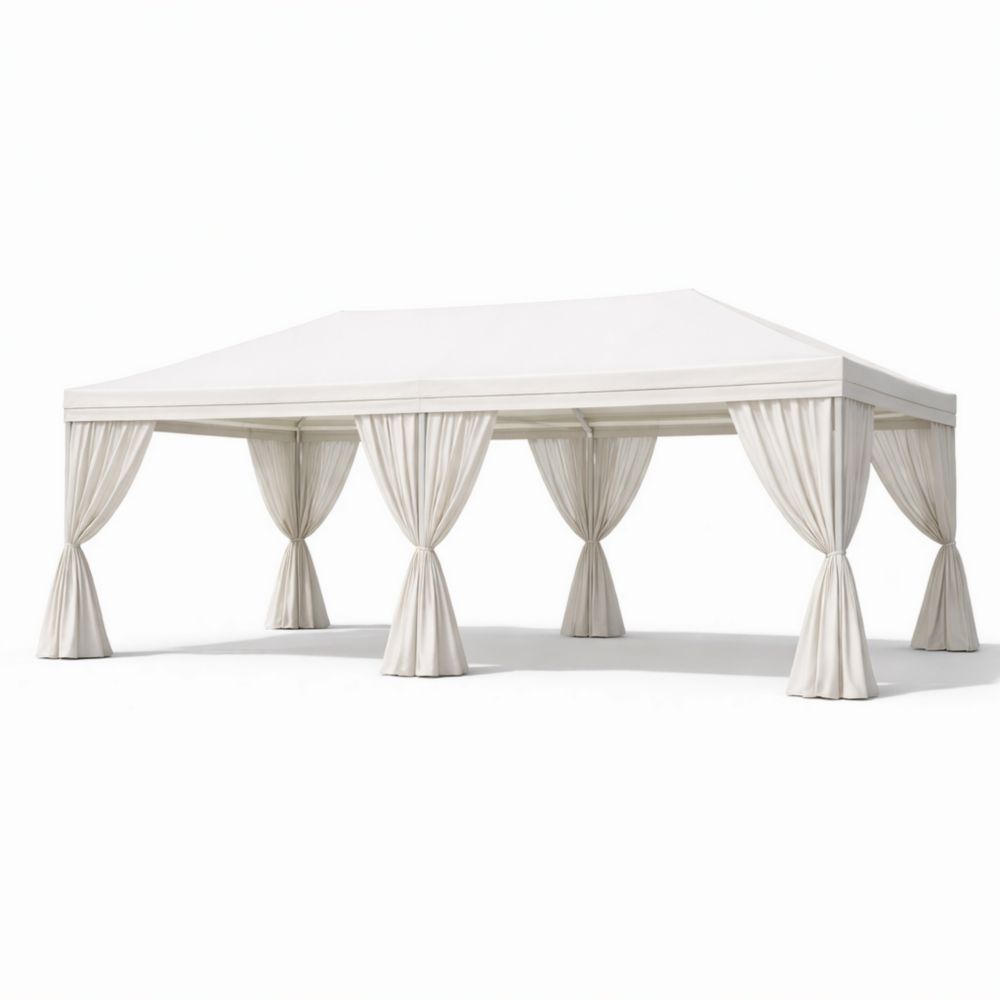 Outdoor tent with polyester curtains and steel frame, 600 cm x 300 cm x 250 cm, off-white