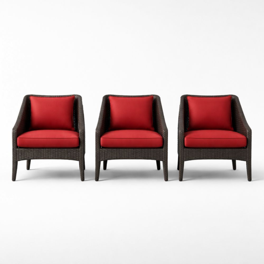 Set of 3 Wicker Armchairs with Red Cushions-Verdalinne