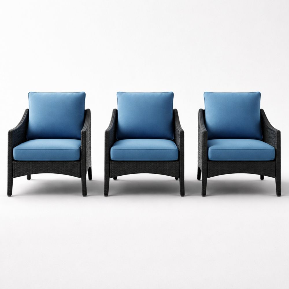 Outdoor Wicker Lounge Chairs Set of 3 with Blue Cushions-Verdalinne
