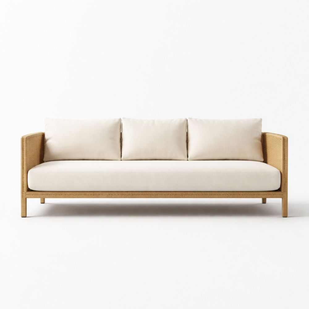 3-Seater Rattan Sofa with Beige Polyester Cushions-Verdalinne