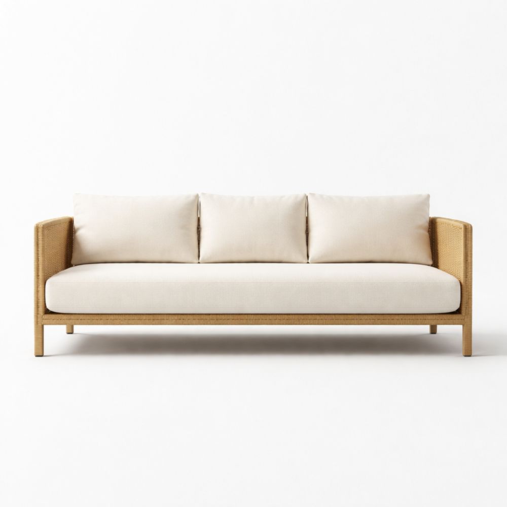 3-Seater Rattan Sofa with Beige Polyester Cushions-Verdalinne