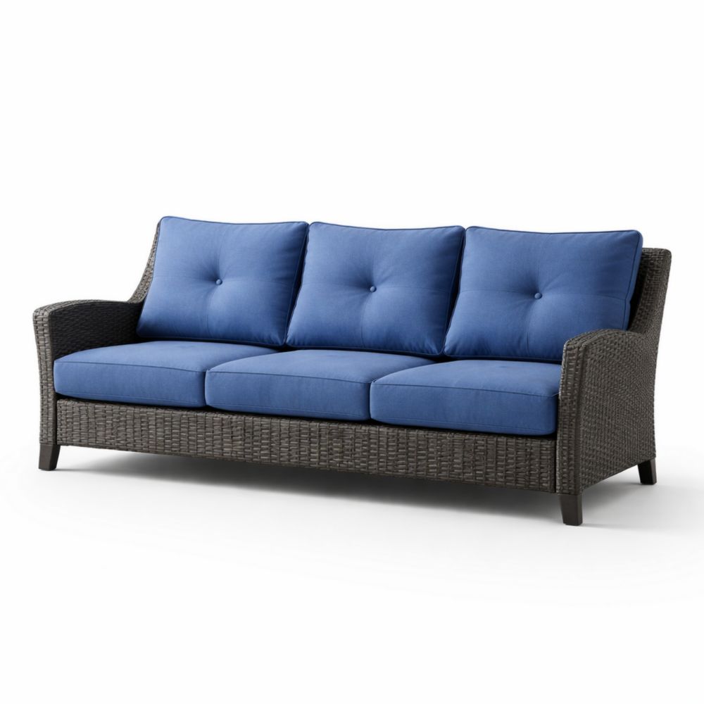 Wicker Outdoor Sofa with Blue Cushions 3-Seater-Verdalinne
