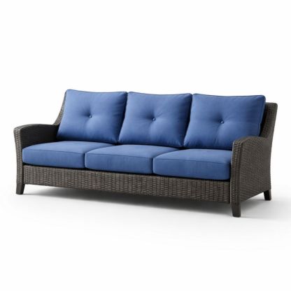 Wicker Outdoor Sofa with Blue Cushions 3-Seater-Verdalinne