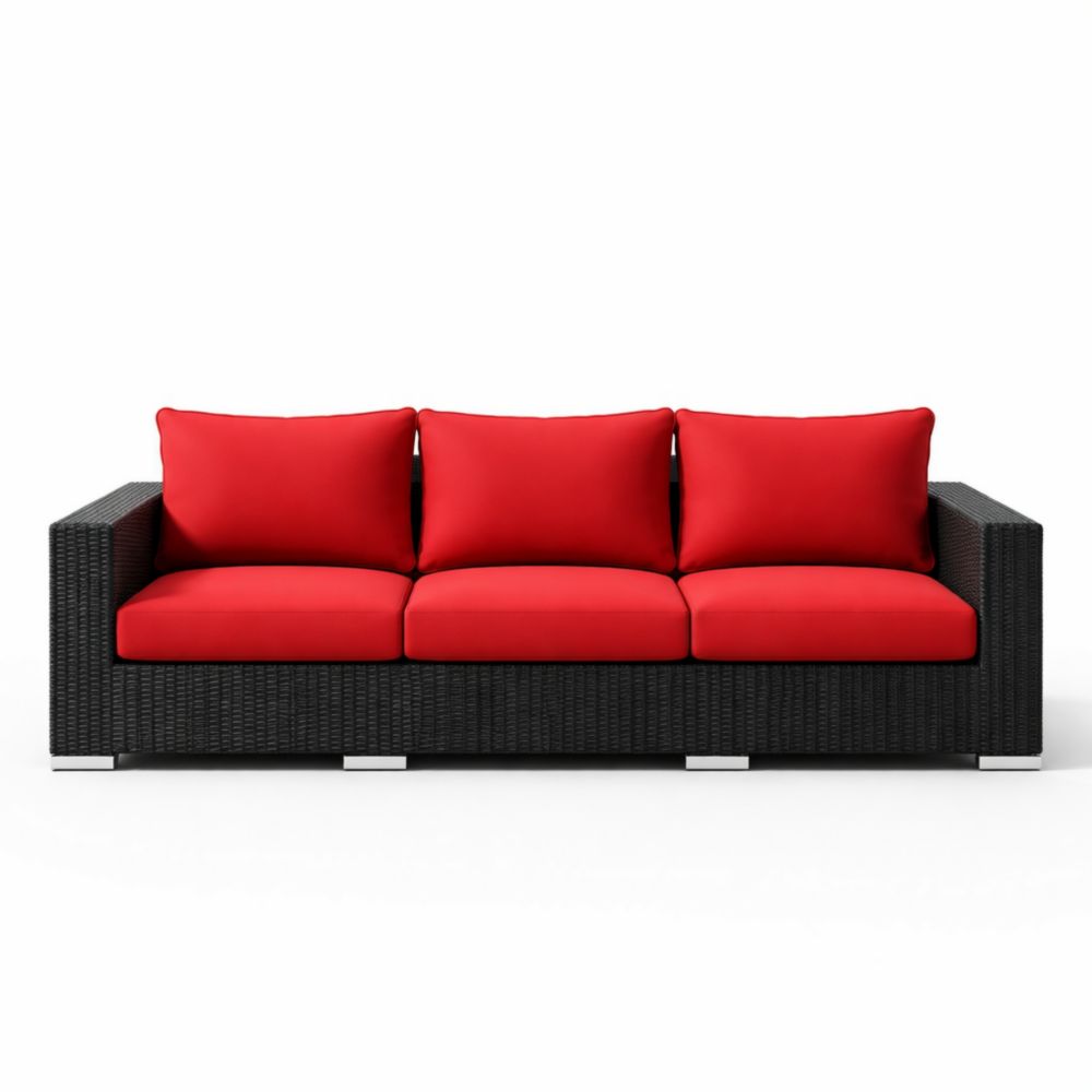 Outdoor Wicker Sofa Three-Seater with Red Cushions-Verdalinne