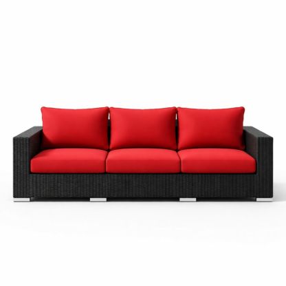 Outdoor Wicker Sofa Three-Seater with Red Cushions-Verdalinne
