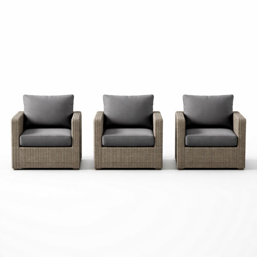 Set of 3 Outdoor Wicker Chairs with Gray Cushions-Verdadonna