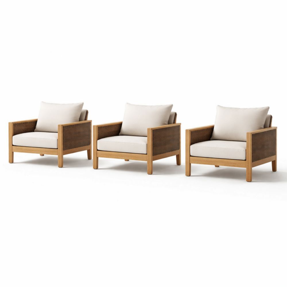 Set of 3 Teak Lounge Chairs with Cushions Beige-Verdadonna