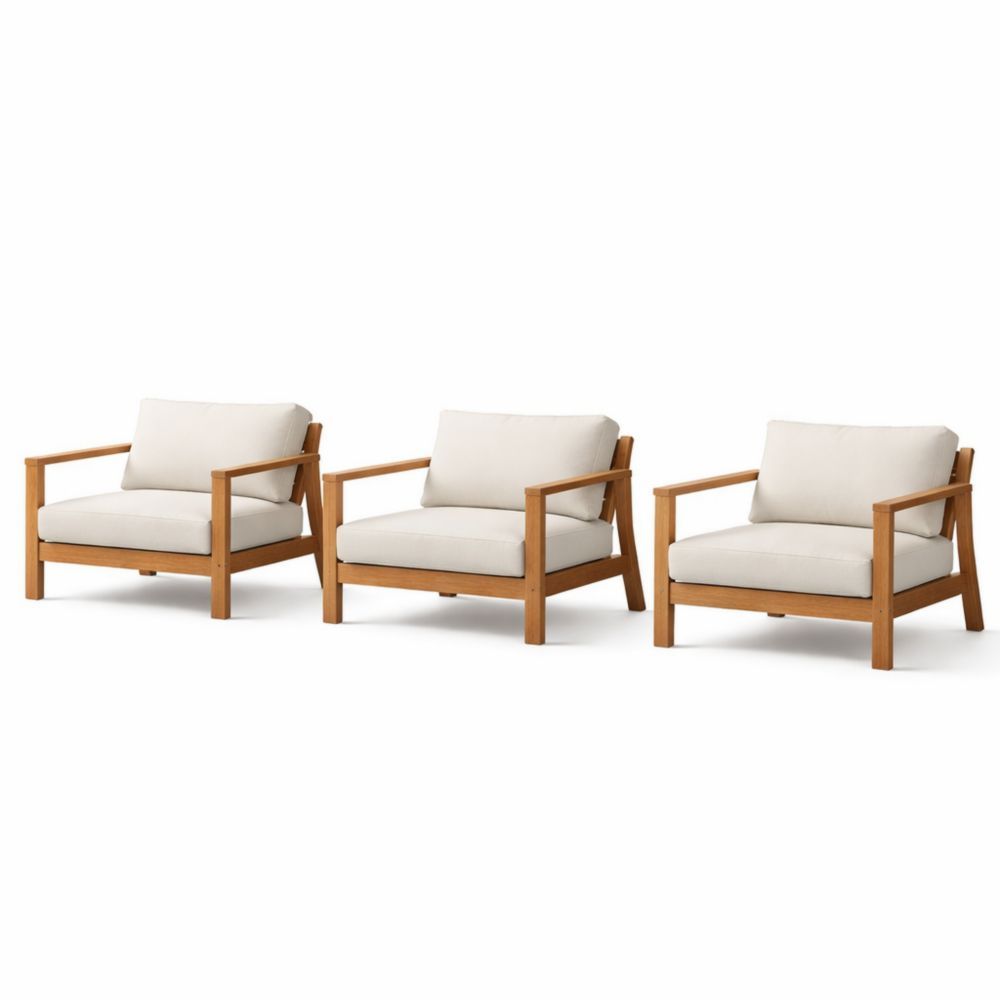 Set of 3 Acacia Wood Outdoor Armchairs with Beige Cushions-Verdadonna