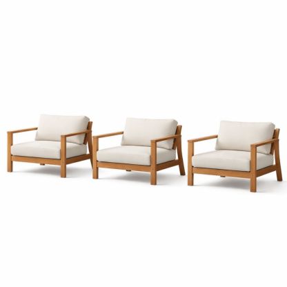 Set of 3 Acacia Wood Outdoor Armchairs with Beige Cushions-Verdadonna