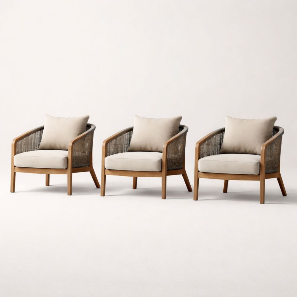 3-Piece Teak Wood Outdoor Lounge Chair Set with Woven Rope Upholstery Beige-Verdadonna