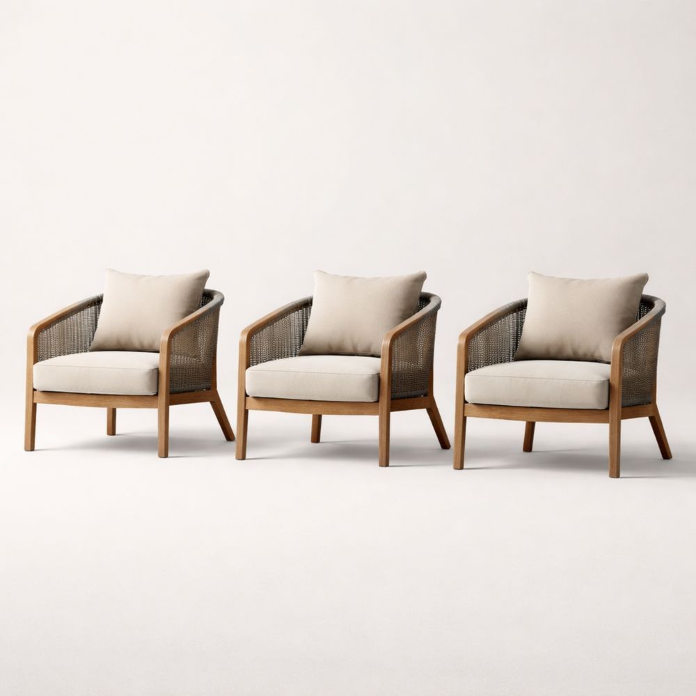 3-Piece Teak Wood Outdoor Lounge Chair Set with Woven Rope Upholstery Beige-Verdadonna