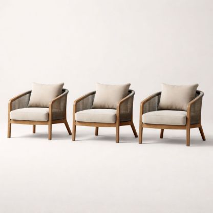 3-Piece Teak Wood Outdoor Lounge Chair Set with Woven Rope Upholstery Beige-Verdadonna